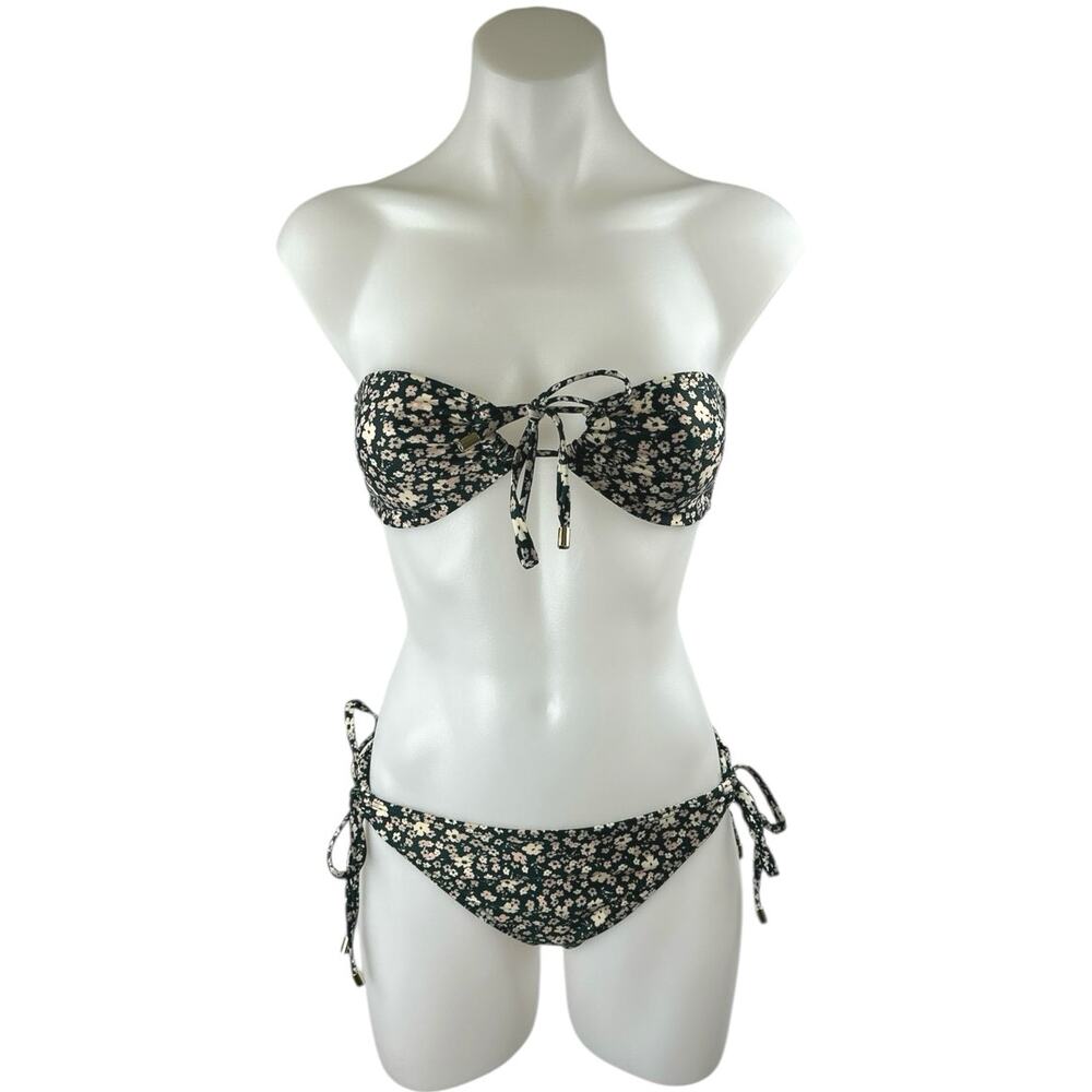 Peony Women's Black Floral Bandeau Two Piece Bikini Swimsuit Swimwear Size 6/8